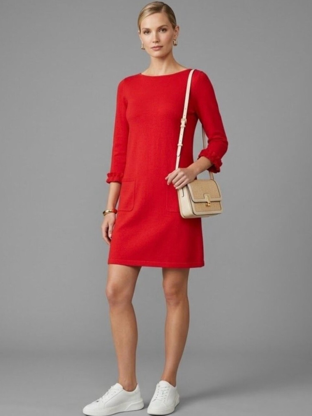 TABITHA WEBB Red Textured Ruffle Cuff Pocketed Preppy Mini Shift Dress Sz M